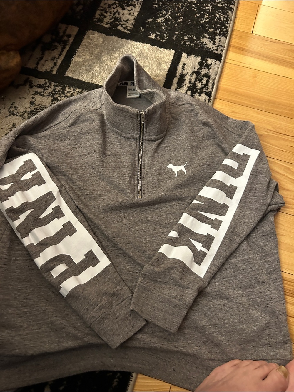 PINK Victoria's Secret Men's Gray Half-Zip Pullover with White Sleeve Logo